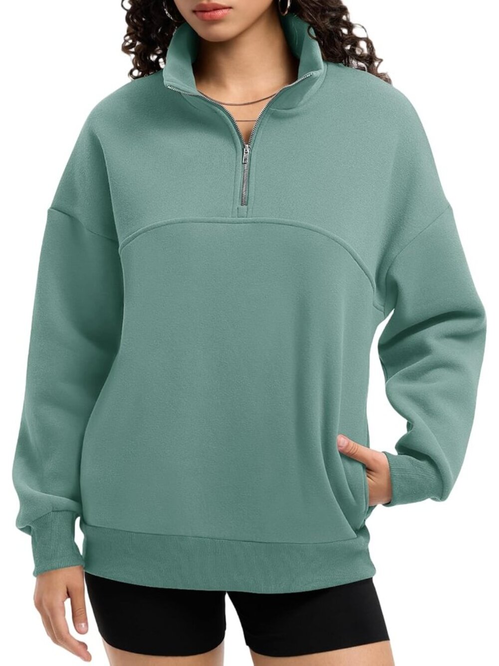 🆕Women's Light Green Fleece Quarter Zipper Pullover Oversized Half Zip Hoodie